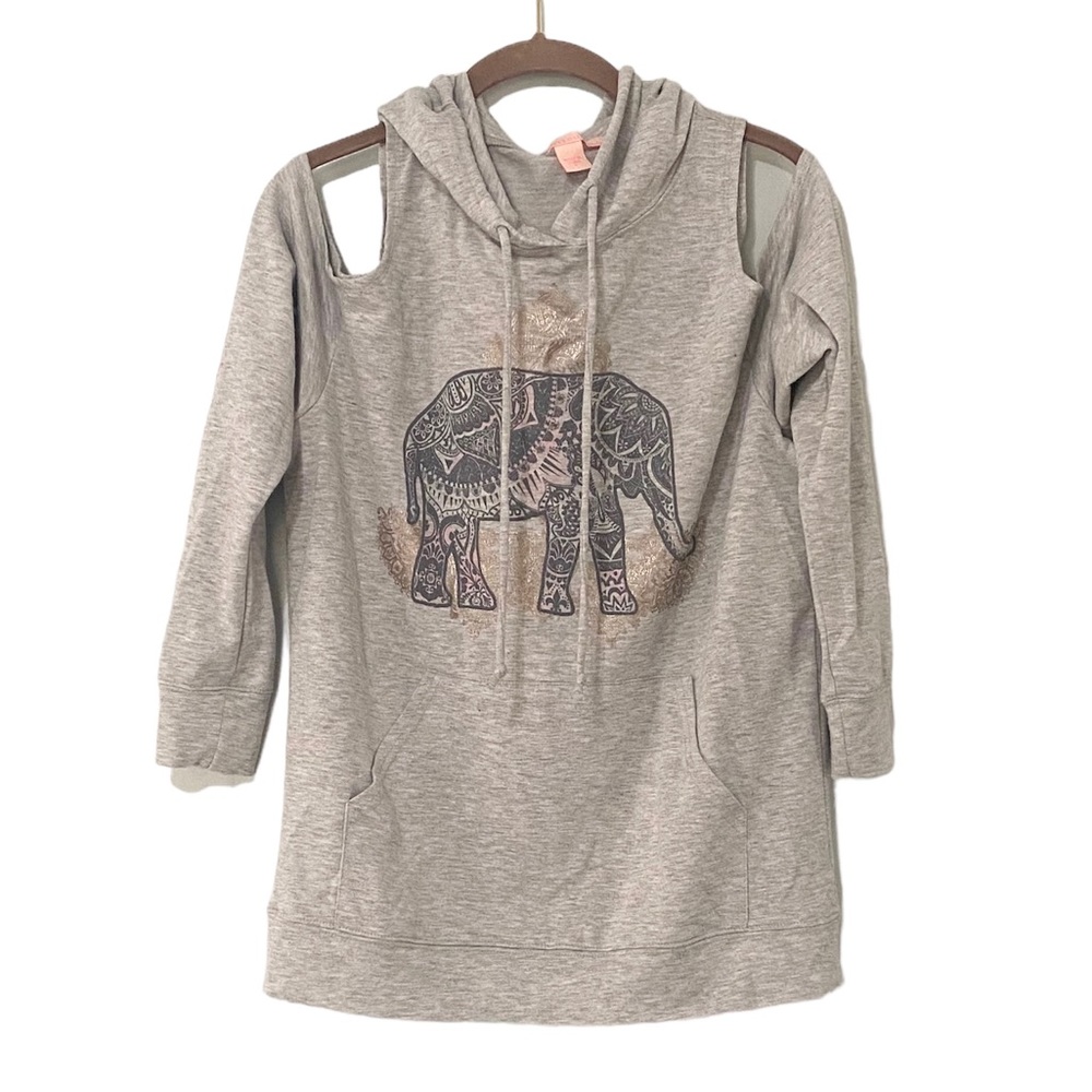 Rebellious One Women’s Cold Shoulder Elephant Hoodie Pullover Top Gray Small